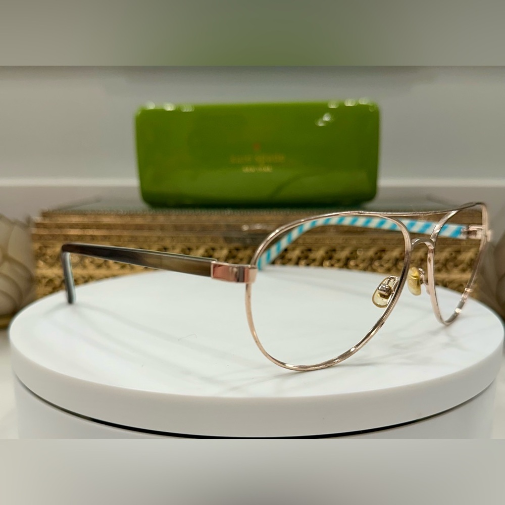 VTG kate spade ♠️ Aqua Candy-Striped/Brown Horn/Gold-Front Aviator Frames - VGUC